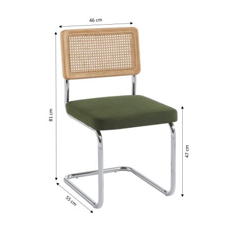 Lot de 2 chaises ELLA cannage et velours côtelé kaki pieds métal chromé