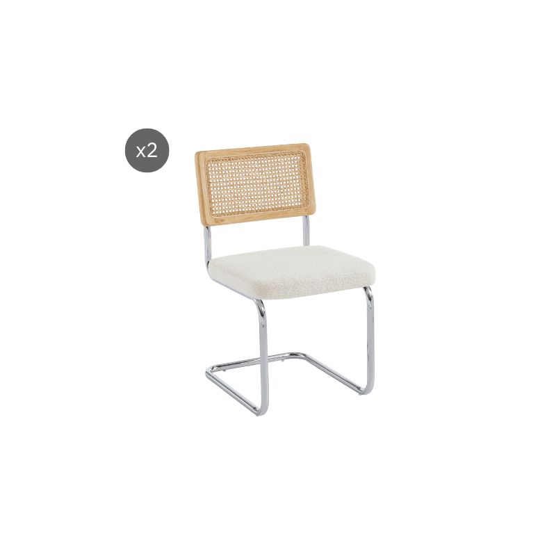 Lot de 2 chaises ELLA cannage et tissu bouclette écru pieds métal chromé