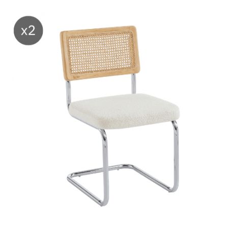 Lot de 2 chaises ELLA cannage et tissu bouclette écru pieds métal chromé