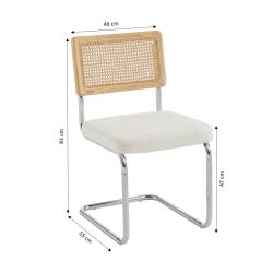 Lot de 2 chaises ELLA cannage et tissu bouclette écru pieds métal chromé