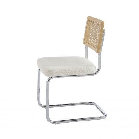 Lot de 2 chaises ELLA cannage et tissu bouclette écru pieds métal chromé