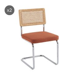 Lot de 2 chaises ELLA velours cotelé terracotta cannage et pieds métal chromé