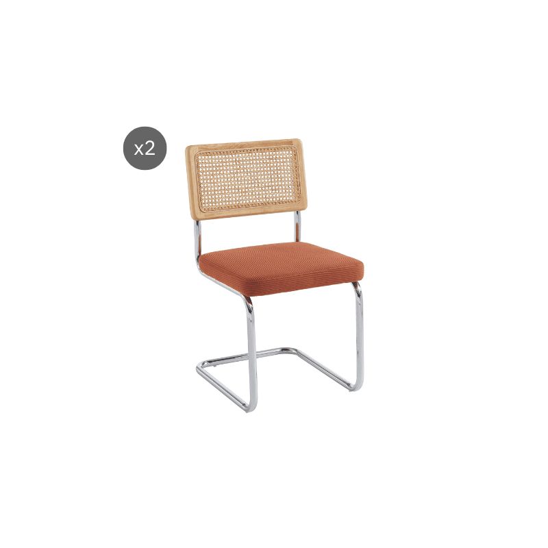 Lot de 2 chaises ELLA velours cotelé terracotta cannage et pieds métal chromé