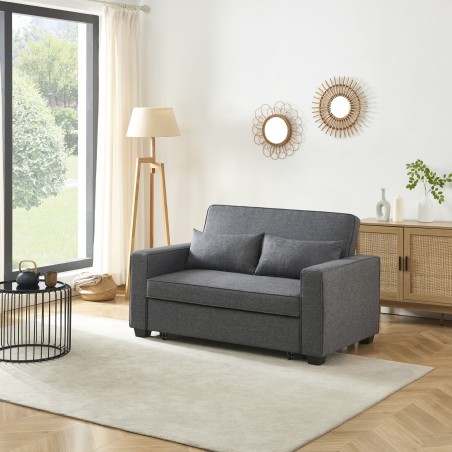 Canapé droit LENA convertible tissu gris 2 places