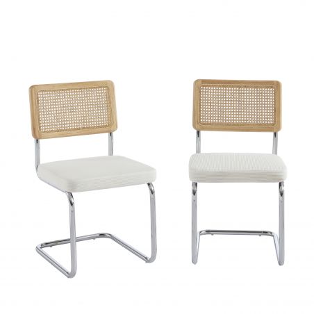 Lot de 2 chaises ELLA cannage et velours côtelé écru pieds métal chromé