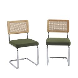 Lot de 2 chaises ELLA cannage et velours côtelé kaki pieds métal chromé