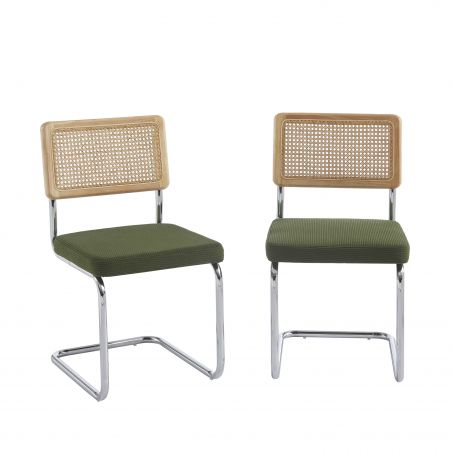 Lot de 2 chaises ELLA cannage et velours côtelé kaki pieds métal chromé