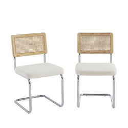 Lot de 2 chaises ELLA cannage et tissu bouclette écru pieds métal chromé