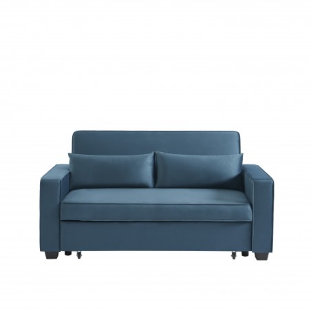 Canapé droit LENA convertible velours bleu 3 places