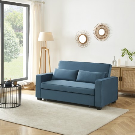 Canapé droit LENA convertible velours bleu 3 places