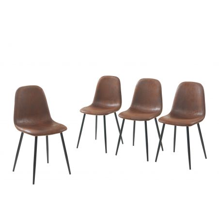 Lot de 4 chaises LENA suédine aspect cuir vieilli pieds métal noir