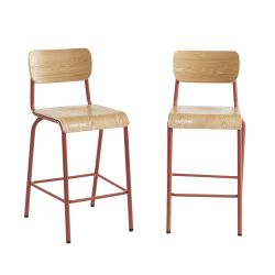 Lot 2 chaises de bar PANTONE terracotta et placage frêne pieds métal