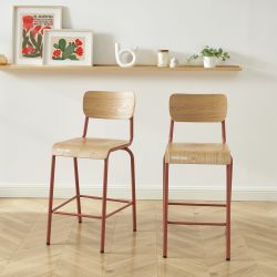 Lot 2 chaises de bar PANTONE terracotta et placage frêne pieds métal