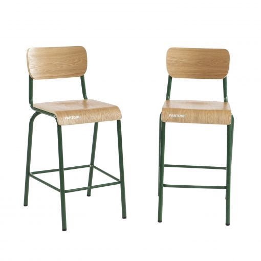 Lot 2 chaises de bar PANTONE vert olive et placage frêne pieds métal