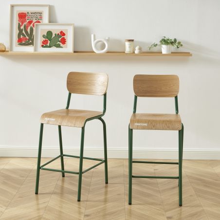 Lot 2 chaises de bar PANTONE vert olive et placage frêne pieds métal