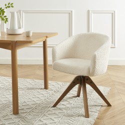 Fauteuil de table PAOLA tissu bouclette écru pied chêne massif