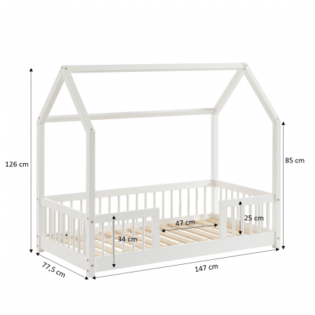 Lit cabane avec barrières TINY pin massif blanc 70x140cm sommier inclus + tiroir