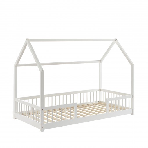 Lit cabane avec barrières TINY pin massif blanc 90x190cm sommier inclus + tiroir