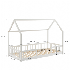 Lit cabane avec barrières TINY pin massif blanc 90x190cm sommier inclus + tiroir