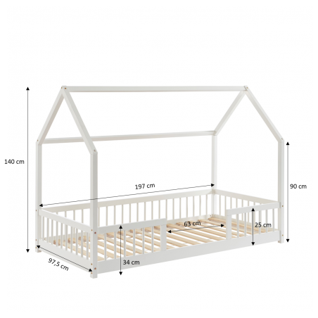 Lit cabane avec barrières TINY pin massif blanc 90x190cm sommier inclus + tiroir