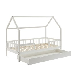 Lit cabane avec barrières TINY pin massif blanc 90x190cm sommier inclus + tiroir