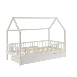 Lit cabane avec barrières TINY pin massif blanc 90x190cm sommier inclus + tiroir