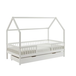 Lit cabane avec barrières TINY pin massif blanc 90x190cm sommier inclus + tiroir