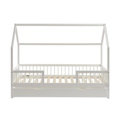 Lit cabane avec barrières TINY pin massif blanc 90x190cm sommier inclus + tiroir