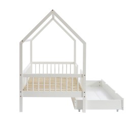 Lit cabane avec barrières TINY pin massif blanc 90x190cm sommier inclus + tiroir