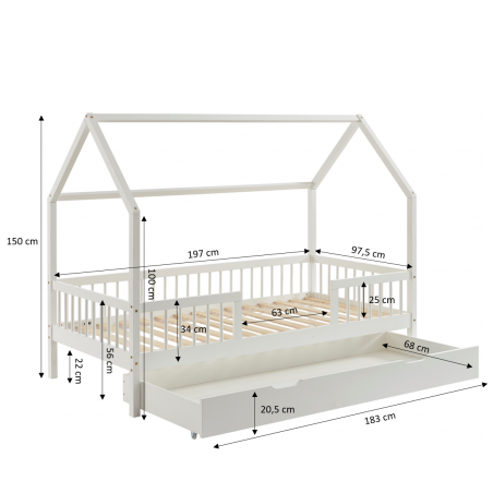 Lit cabane avec barrières TINY pin massif blanc 90x190cm sommier inclus + tiroir