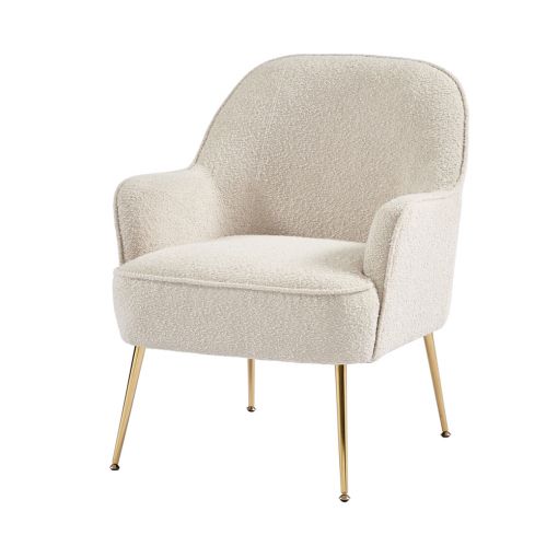 Fauteuil MARCELINO en tissu bouclette beige avec piètement doré