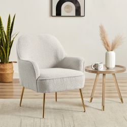 Fauteuil MARCELINO en tissu bouclette blanc avec piètement doré