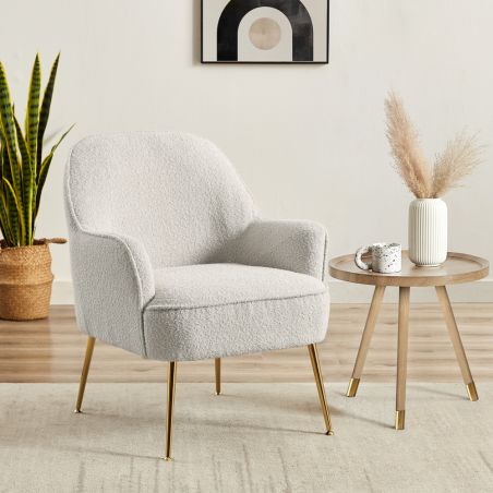 Fauteuil MARCELINO en tissu bouclette blanc avec piètement doré