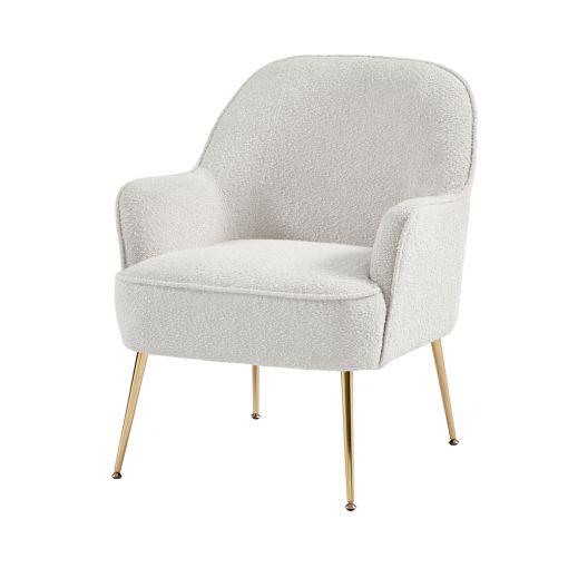 Fauteuil MARCELINO en tissu bouclette blanc avec piètement doré