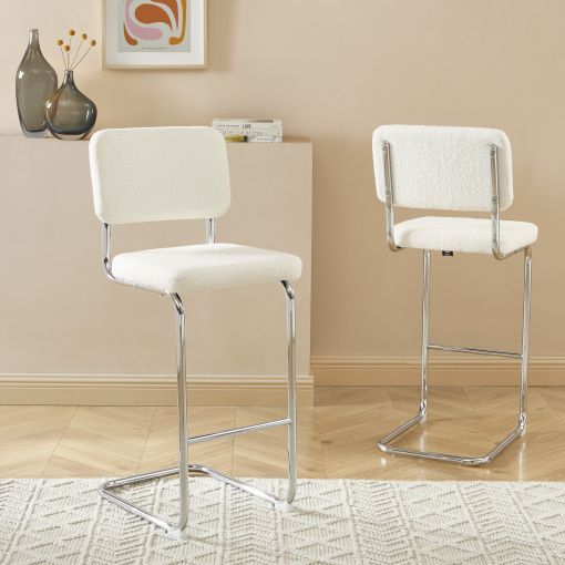 Lot de 2 tabourets JACK en tissu bouclette blanche avec pieds métalliques