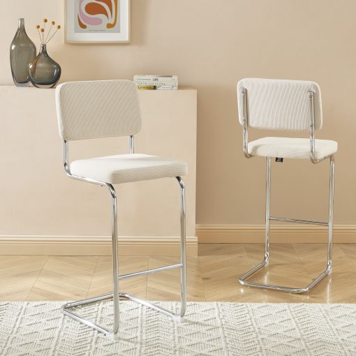 Lot de 2 tabourets JACK en velours côtelé beige avec pieds métalliques