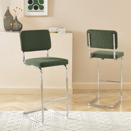 Lot de 2 tabourets JACK en velours côtelé vert avec pieds métalliques