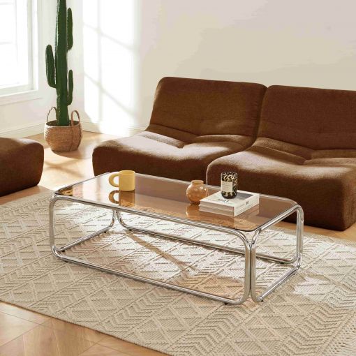 Table basse MAGGY verre trempé orange foncé structure en chrome