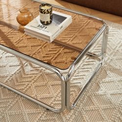 Table basse MAGGY verre trempé orange foncé structure en chrome