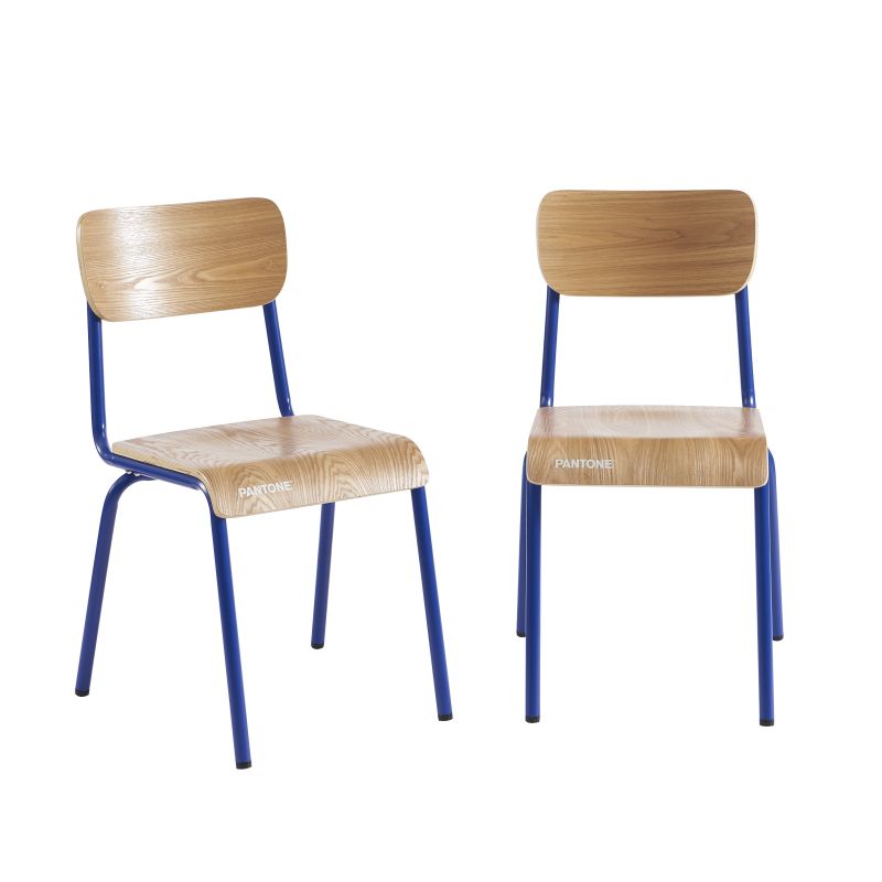 Lot de 2 chaises PANTONE bleu électrique et placage frêne pieds métal