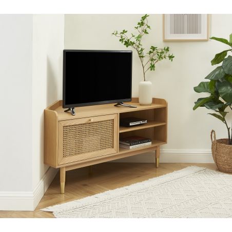 Meuble tv d'angle LEON placage chêne et cannage rotin 120cm