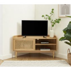 Meuble tv d'angle LEON placage chêne et cannage rotin 120cm