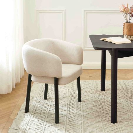 Fauteuil de table ABELIA velours blanc et pieds métal noir