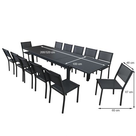 Ensemble table et chaises DINA 12 places en aluminium gris foncé avec plateau extensible