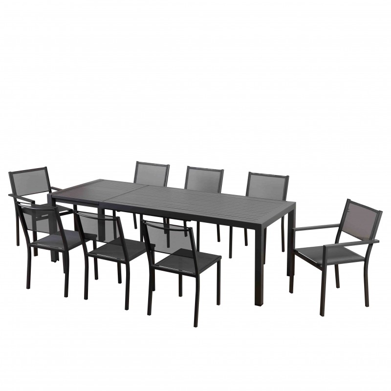 Ensemble repas DINA gris foncé 8 places  en aluminium avec table extensible